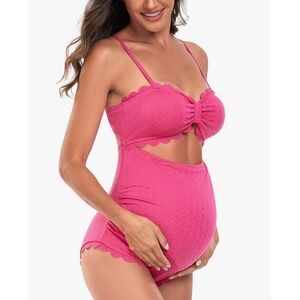 NEW Maternity Swimsuit Pink Small One Piece Scalloped Cutout Tie‎ Back Swim